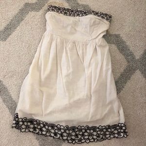 Strapless lace eyelet beige linen dress small cute